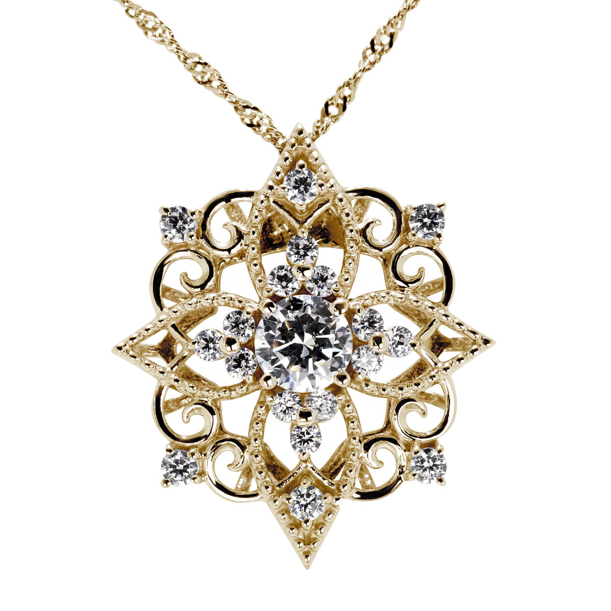 ダイヤモンド レディース ネックレス フラワー 鑑定書付き 0.25ct SI VS VVS プラチナ 18金 唐草 ミルグレイン 結晶 高級 綺麗 特別 記念 ギフト (品番 mh-0439-4-cgl)