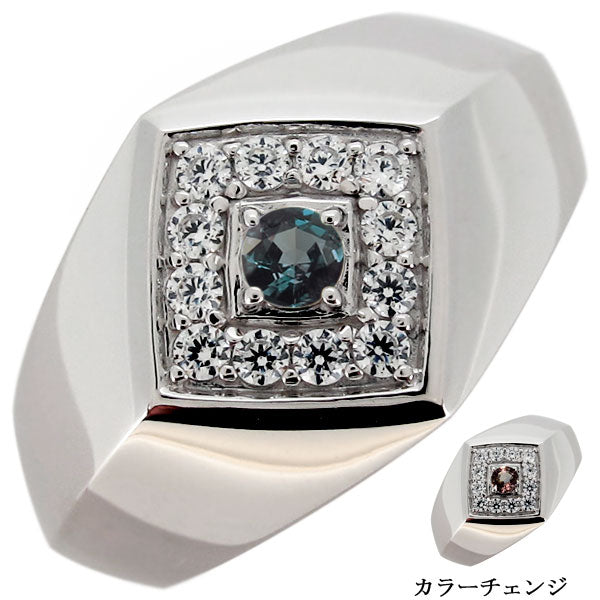 印台リング メンズ スクエア アレキサンドライト プラチナ 指輪 希少石 ひし形 パヴェ ダイヤモンド 天然石 10k 18k pt900 sv925 (品番 mr-0349-alex)