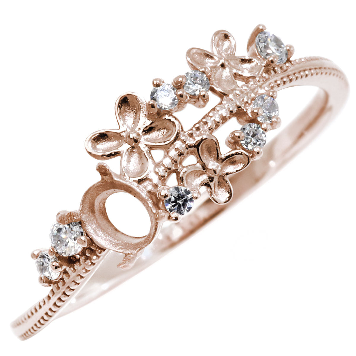 フラワー リング 可愛い お仕立て 空枠 3×4mm オーバル 花 指輪 細身 ミルグレイン調 脇石 キラキラ 華やか sv925 10k 18k pt900 小花 セミオーダー お好み (品番 mr-0495-kw)