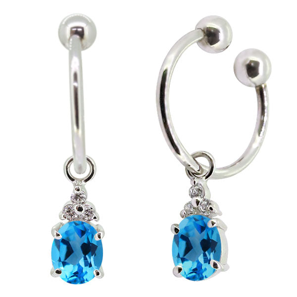 揺れる オーバル 大粒 フープイヤリング レディース イヤーカフ 選べる誕生石 天然石 k10 k18 pt900 ノンホールピアス 両耳用 (品番 me-0017)