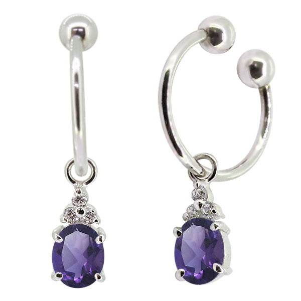 揺れる オーバル 大粒 フープイヤリング レディース イヤーカフ 選べる誕生石 天然石 k10 k18 pt900 ノンホールピアス 両耳用 (品番 me-0017)