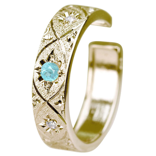 パライバトルマリン イヤーカフ 片耳 彫金 希少石 ノンホールピアス ユニセックス K18 K10 Pt900 彫り フープ 彼女 彼氏 夫婦 記念日 ペア お揃い (品番 me-0063-d-para)