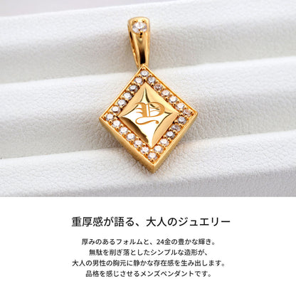 純金 24金 ペンダントトップ メンズ K24 イニシャル ネックレス トップのみ ひし形 選べる 誕生石 刻印 天然石 男性 特別 大人 かっこいい 高級 資産 (品番 mh-0343-k24-ph)