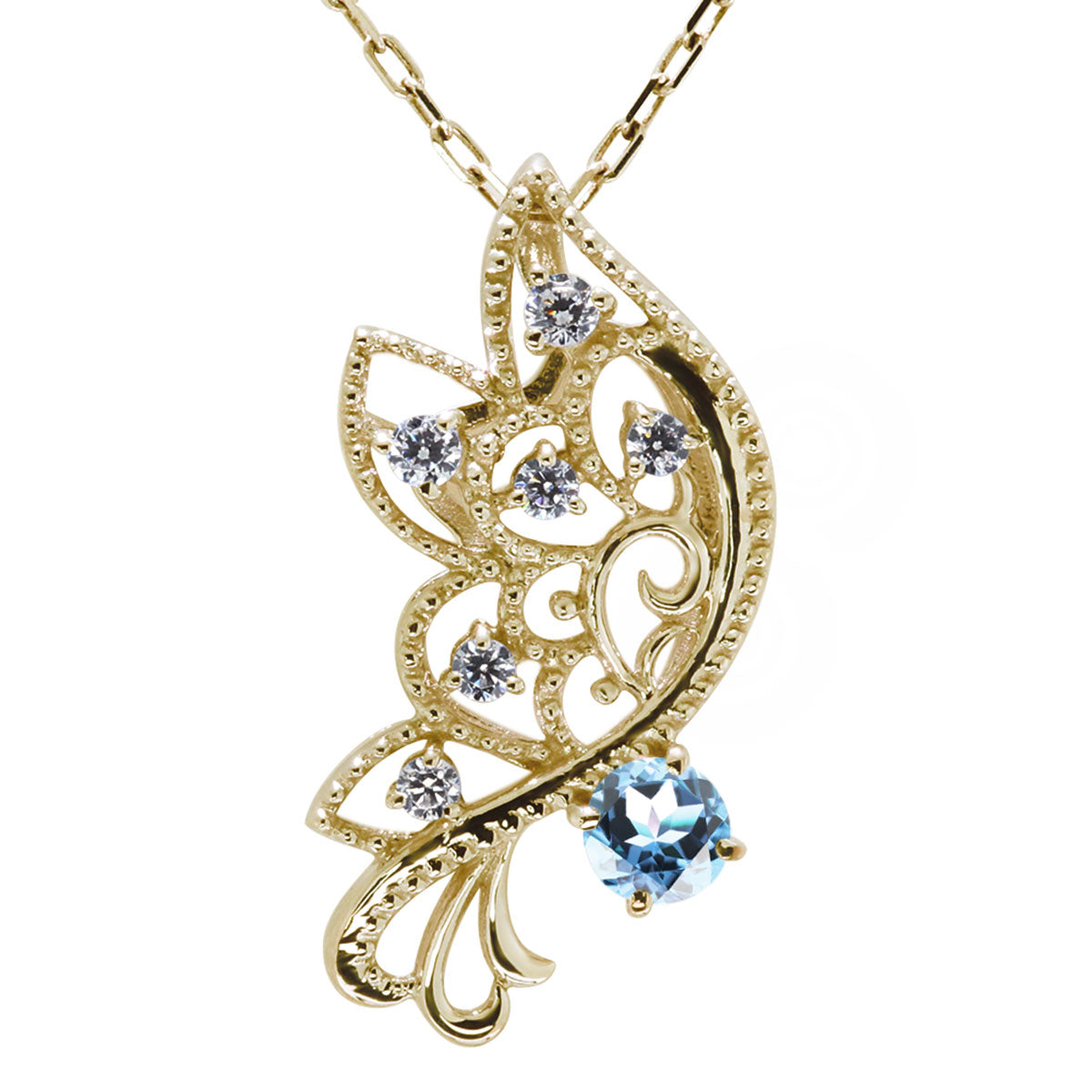 バタフライ ネックレス レディース 透かし 誕生石 ミルグレイン 蝶 キラキラ アラベスク K10 K18 Pt900 SV925 曲線 上品 大人女子 可愛い デート (品番 mh-0434)