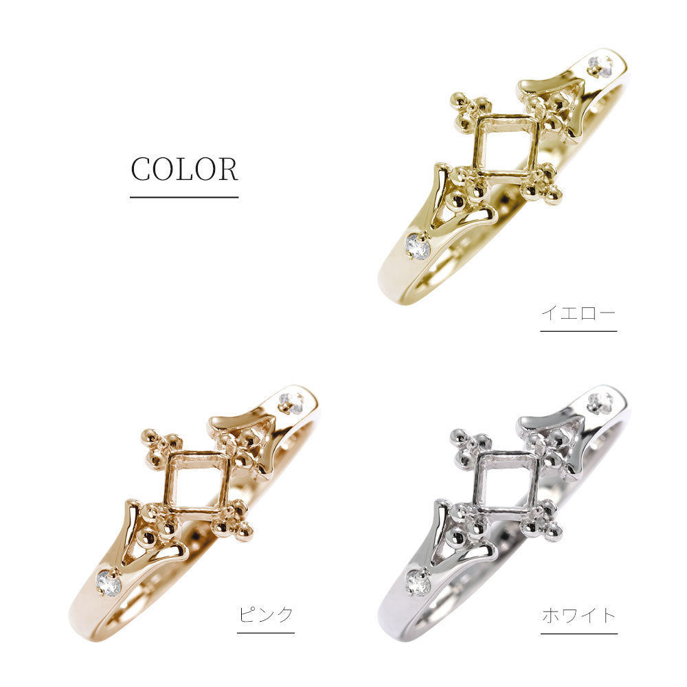 セミオーダー カスタムルース 指輪 空枠 プリンセス リング 簡単 Pt900 K18 K10 sv925 かわいい スクエア 3.5mm リング 王冠 人魚姫 アンティーク (品番 mpr-0031-kw)