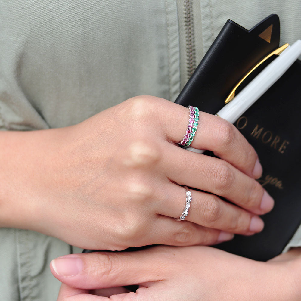 リボン リング シルバー ハーフエタニティ 可愛い レディース 指輪 ピンキー りぼん 人気 シルバーアクセサリー シンプル 華奢 (品番 mr-0093-sv)