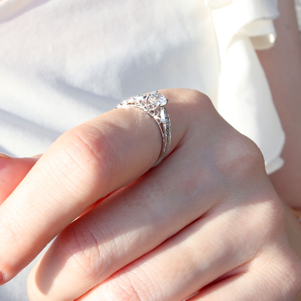 選べる誕生石 大粒 指輪 レディース 10金 18金 プラチナ シルバー リーフ柄 5mm 唐草 透かし アンティーク エレガント ルース カスタム プレゼント (品番 mr-0489)