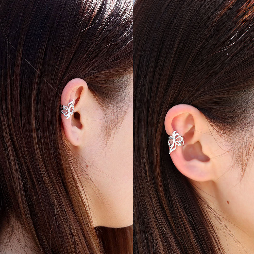 イヤーカフ メンズ 百合の紋章 ユリ 大ぶり Ear Cuff 選べる誕生石 一粒 天然石 お揃い 片耳用 K10 K18 PT900 SV925 ノンホールピアス  ユニセックス