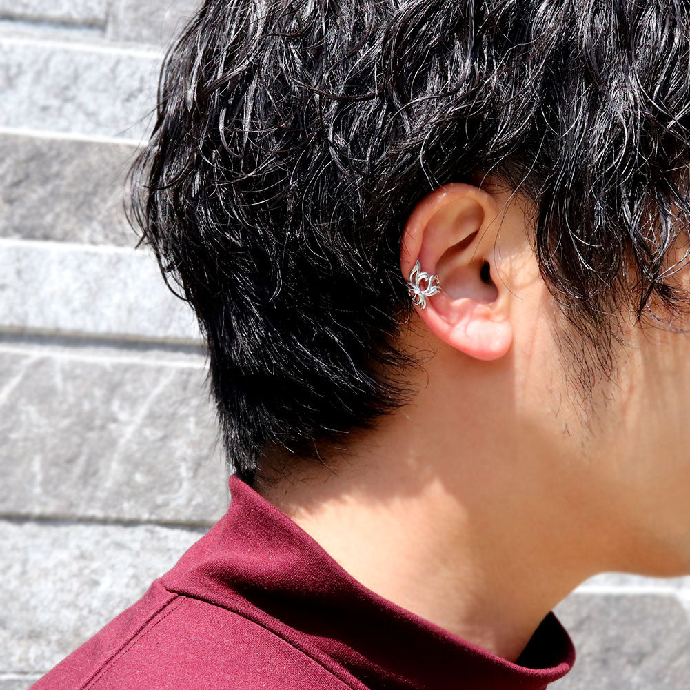 イヤーカフ メンズ 百合の紋章 ユリ 大ぶり Ear Cuff 選べる誕生石 一粒 天然石 お揃い 片耳用 K10 K18 PT900 SV925 ノンホールピアス  ユニセックス